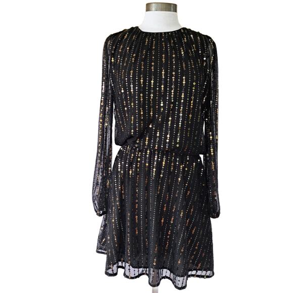 WHITE HOUSE BLACK MARKET Black Sequin Blouson Dress Small Long Sleeve Cocktail - Picture 2 of 12